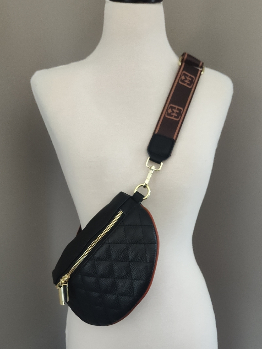 Elscorri Black Quilted Pebbled Leather Crossbody Belt Bag with Branded Strap